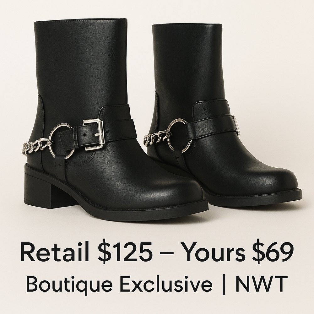 NWOT Billini Oskar Chain Moto Boots Black Size 7 🖤 Edgy Chic Winter Staple - Picture 1 of 10